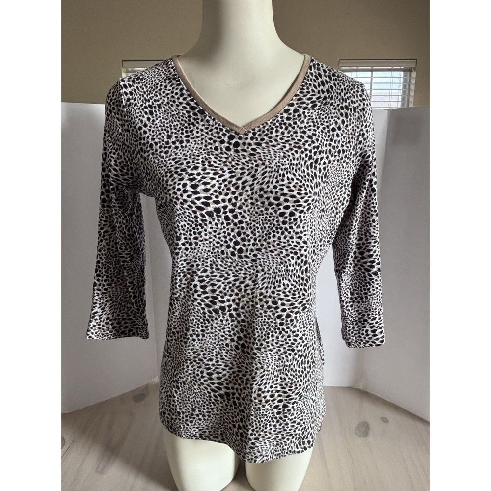 Kim Rogers Top Womens M Animal Print White Black Brown 3/4‎ Sleeve Cotton EUC